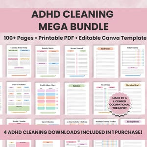 May include: ADHD Cleaning Mega Bundle with over 100 pages, a printable PDF, and an editable Canva template. Includes cleaning routines, decluttering guides, and more. Made by a licensed occupational therapist.