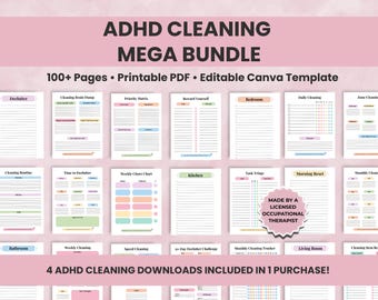 May include: ADHD Cleaning Mega Bundle with over 100 pages, a printable PDF, and an editable Canva template. Includes cleaning routines, decluttering, and task management pages. Made by a licensed occupational therapist.