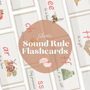Pode incluir: Um conjunto de cartões flash educativos com ilustrações em aquarela. Os cartões apresentam regras de som fonético, com exemplos como "ee" como em abelha, "ar" como em quinta, e "ff" como em penhasco. O texto "Phonic Sound Rule Flashcards" é exibido no centro.