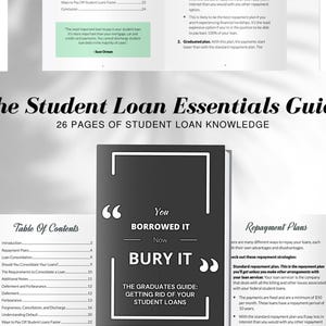 Puede incluir: Un libro titulado "The Student Loan Essentials Guide" con el subtítulo "26 páginas de conocimiento sobre préstamos estudiantiles." La portada dice "You Borrowed It, Now Bury It." Muestra páginas con un índice y información sobre planes de pago.