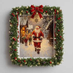Vintage Santa Claus with Elves - Winter Wonderland Scene, Christmas Village Art, Holiday Decor, Printable Festive Wall Art, Digital 1