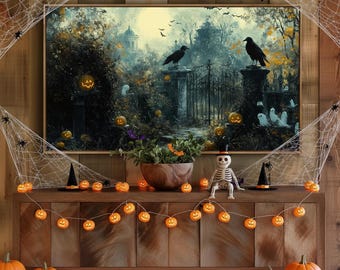 Halloween Vintage Haunted Garden Oil Painting TV Art, Dark Moody Landscape Art for Frame TV, Digital Wall Decor, Autumn Gloom Decor