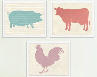 Save 20% on all 3, Animal Series Set, Pig, Cow, Rooster, Trendy Animals, Kitchen Art
