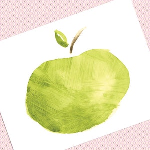 May include: A watercolor painting of a green apple with a brown stem and green leaves.