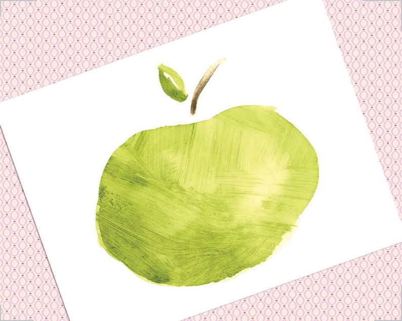 May include: A watercolor painting of a green apple with a brown stem and green leaves.