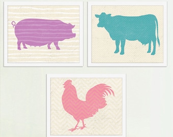 Animal Art Set, Save 20% on all 3, Pig, Cow, Rooster, Trendy Animals, Kitchen Art