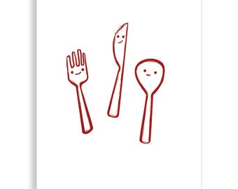 Happy Fork Knife and Spoon Art, Kitchen Art, Fun Art, Illustrated Poster, Kitchen Poster