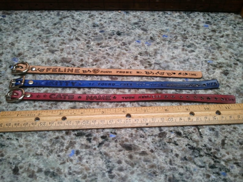 phone number etc Custom leather cat collar Name stamped in leather FREE shipping in USA address