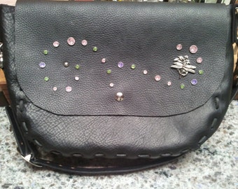 Black Handmade Kodiak leather adjustable shoulder bag with sparkles and Dragonfly