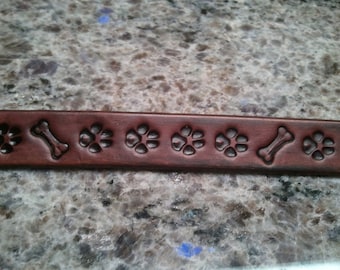 Leather Dog Leash 1"x62" hand stamped with paw prints and doggy bones