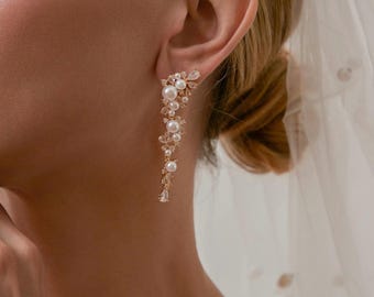 Pearl Diamond Dangle Earrings: 14K Gold Plated, Sterling Silver Posts