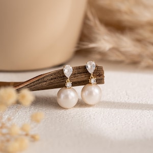 Sterling Silver Pearl Drop Earrings, Tear Drop Diamond Drop Earrings, Wedding Earrings, Bridal Earrings, Engagement Earrings, Gift for Mom