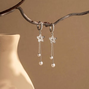 Dainty Pearl Flower Drop Earrings, 14K Gold Plated Earrings, Bridal Wedding Jewelry, Anniversary Gift for Her image 2