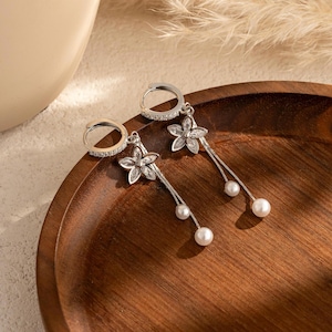 Dainty Pearl Flower Drop Earrings, 14K Gold Plated Earrings, Bridal Wedding Jewelry, Anniversary Gift for Her image 6