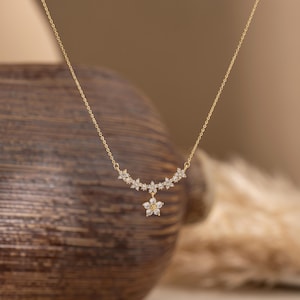 Dainty Flower Diamond Necklace, Sterling Silver Necklace for Women