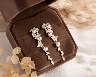 Delicate Gold Pearl Leaf Diamond Long Drop Earrings, Bridesmaid Bridal Wedding Gift, Birthday Gift