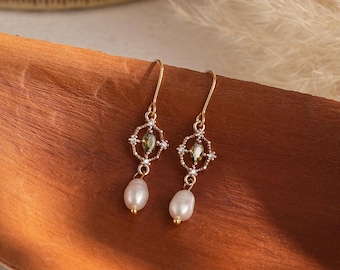Vintage Peridot Pearl Drop Earrings, Gold Freshwater Pearl Earrings, Christmas Gift for Her