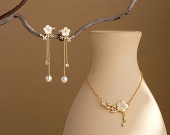 Zestaw biżuterii z masy perłowej w stylu vintage, zestaw biżuterii ślubnej z pereł słodkowodnych, zestaw biżuterii ślubnej, prezent dla druhny