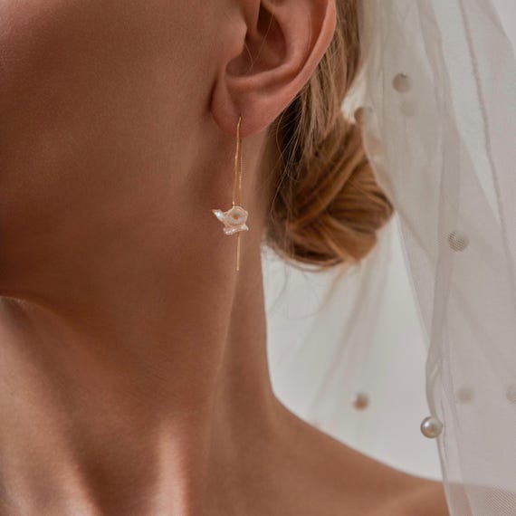 Dainty Petal Pearl Drop Long Earrings, Bridal Wedding Earrings, Birthday Gift for Her