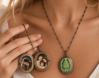 Christmas Tree Cameo Photo Locket Necklace, Vintage Oval Picture Pendant, Custom Holiday Memory Jewelry, Stocking Stuffer Gift for Her