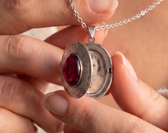 Vintage Oval Gemstone Locket Necklace, Antique Red Ruby Photo Pendant, Stainless Steel Keepsake Jewelry, Memorial Anniversary Gift for Her