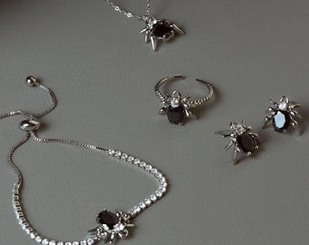 Gothic Black Crystal Spider Jewelry Set, Dark Academia Spider Earrings Clip On, Adjustable Ring Tennis Bracelet Necklace Halloween Gift