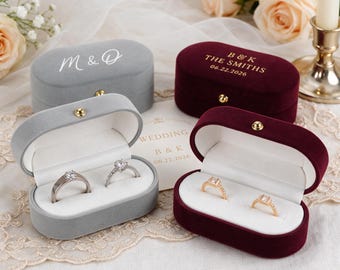 Custom Oval Velvet Wedding Ring Box, Personalized Foil Monogram Double Slot Bearer Case, Proposal Engagement Jewelry Keepsake for Couple