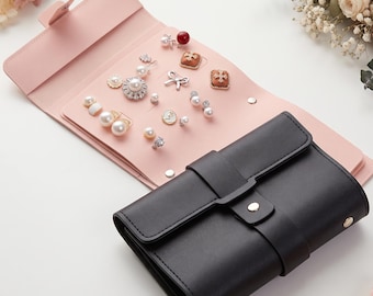 Engraved Floral Leather Jewelry Pouch, Personalised Name Earring Holder Book, Portable Travel Ring Bag, Keepsake Present for Best Friend