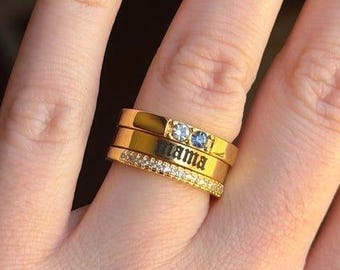 Customized 3 Piece Birthstone Ring Set, Gothic Mama Name Band with CZ Eternity Ring, New Mom Push Present, Personalised Children Keepsake