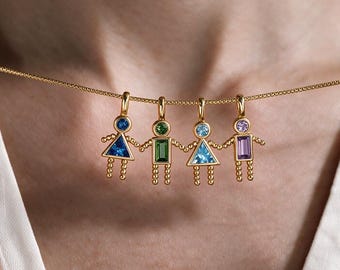 Children Birthstone Necklace, Custom Boy Girl Charm Pendant, Personalized Mom Jewelry with Kids, Family Birthstone Gift for Grandma