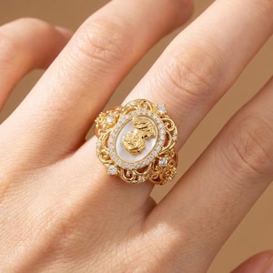 Vintage Baroque Pearl Ring - Fully Set with Diamonds, French Court Style, Adjustable opening design, Valentine's Day Gift, Gifts for Her