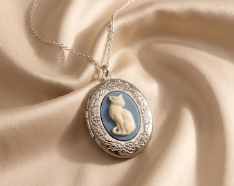 Antique Feline Silhouette Cameo Pendant, Silver Floral Oval Picture Frame Choker, Remembrance Pet Loss Jewelry, Kitten Owner Memorial Gift