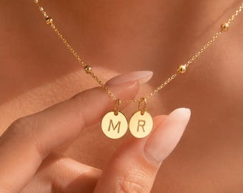 Personalized Monogram Pendant, Dainty Letter Tag Chain Necklace, Gold Engraved Circle Medallion, Birthday Present for Daughter Best Friend