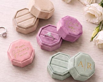 Custom Name Velvet Ring Box, Octagonal Wedding Ring Holder, Monogrammed Proposal & Engagement Keepsake Case, Bridal Shower Gift