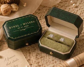 Engraved Double Ring Box for Wedding Ceremony, Octagon Leatherette Proposal Case, Vintage Gold Stamped Keepsake, Couple Bridal Shower Gift