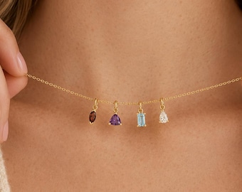Custom Multi Birthstone Necklace, Family Gemstone Charm Pendant, Personalized Mixed Shape Crystal Jewelry, Christmas Gift for Mom