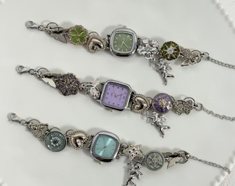 Handmade Silver Charm Watch Bracelet - Colorful Wrist Watch Floral and Gemstone Bracelets,Gift Idea
