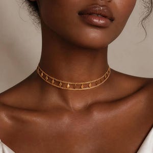 Può includere: Una collana girocollo color oro composta da due catenine sottili parallele collegate da una serie di piccoli ciondoli in metallo a forma di rombo, distanziati uniformemente tra le catene, che poggia alla base del collo.