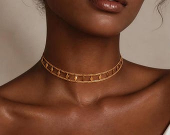 Gargantilla dorada para mujer, gargantilla dorada de doble cadena, collar con dije geométrico de diamantes dorados, joyería de titanio que no se deslustra.