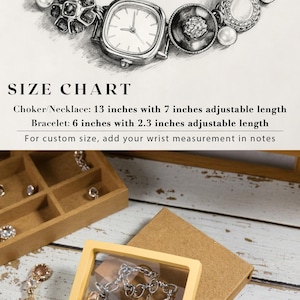 May include: An illustration of a charm necklace with an adjustable length, featuring various charms including a watch face, pearls, and heart-shaped elements. The image also includes a size chart for the choker/necklace and bracelet.
