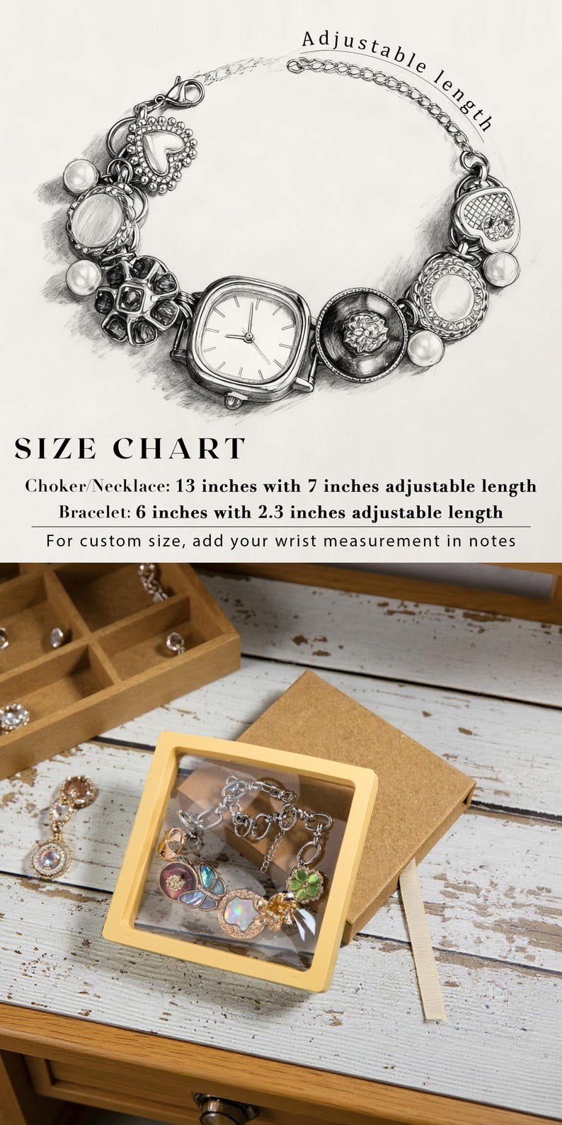 May include: An illustration of a charm necklace with an adjustable length, featuring various charms including a watch face, pearls, and heart-shaped elements. The image also includes a size chart for the choker/necklace and bracelet.
