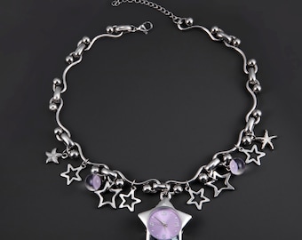 Handgefertigte Uhr Choker Halsband: Y2K Silber Kette mit Stern Charms Weihnachtsgeschenk für Sie