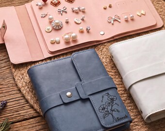 Custom Birth Month Flower Leather Jewelry Book, Personalized Earring Storage Organizer, Compact Travel Case for Women, Bridesmaid Gift