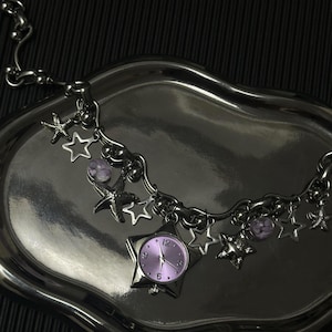 Handcrafted Choker Original Design Punk Y2K Silver with Pink Charms Angel Cross Star Edgy Custom Jewelry