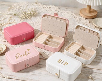 Custom Name Jewelry Organizer, Portable Leather Travel Case, Engraved Monogram Ring Holder, Maid of Honor Birthday Present, Gift for Women
