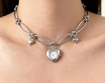 Gargantilla con reloj vintage, dije de plata, joyería artesanal Y2K, regalo de Navidad