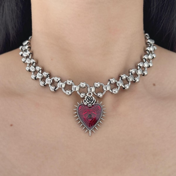 Collana girocollo fatta a mano: girocollo gotico con occhio malvagio rosso, gioielli in argento massiccio