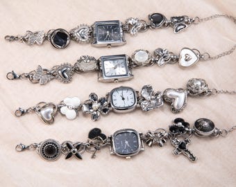 Vintage Watch Bracelet: Silver Floral Charms, Stainless Steel, Y2K Jewelry