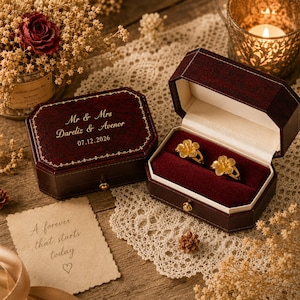May include: A dark red velvet ring box with gold trim and the engraved text Mr & Mrs Dareliz & Avenor 07.12.2026. The open box features a deep red interior holding two gold rings with flower-shaped settings on a dark red velvet cushion.