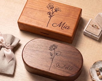 Laser Engraved Botanical Name Timber Organizer, Portable Cherry Walnut Accessory Storage Chest, Custom Flower Ring Earring Display Case